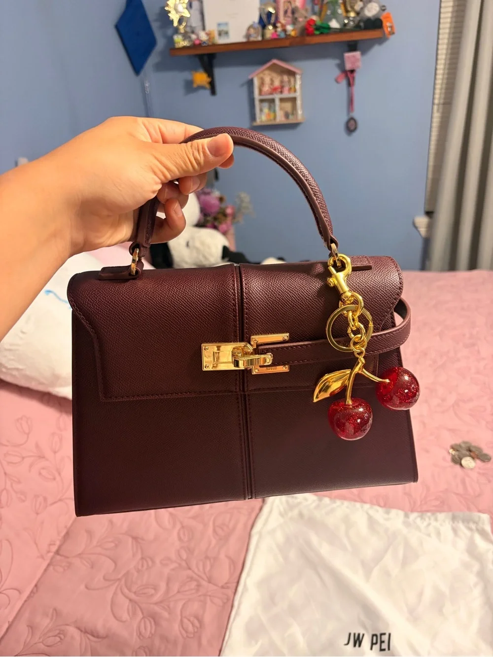 JW PEI Burgundy Structured Top-Handle Elise with Cherry Charm